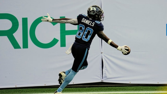 Nov 13, 2022; Toronto, Ontario, CAN; Toronto Argonauts wide receiver DaVaris Daniels (80) celebrates scoring a touchdown against the Montreal Alouettes during the first half at BMO Field. Mandatory Credit: John E. Sokolowski-USA TODAY Sports